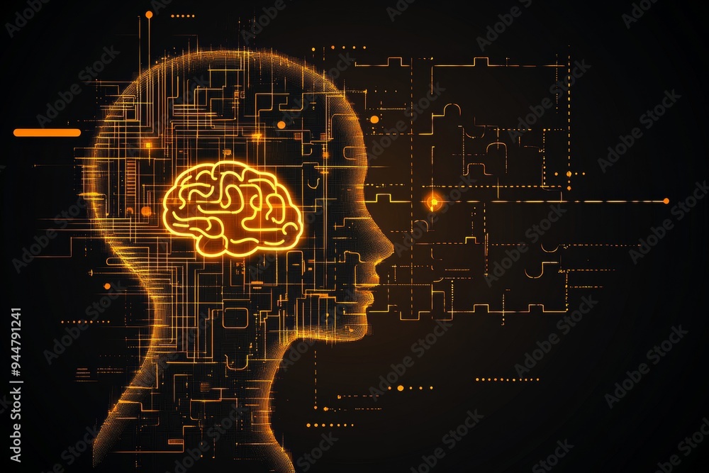 Poster a digital illustration of a human head with an illuminated brain circuit symbolizing the fusion of h