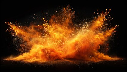 Orange dust particles exploding on black background, colorful powder dust splash, orange, dust, particles, explosion