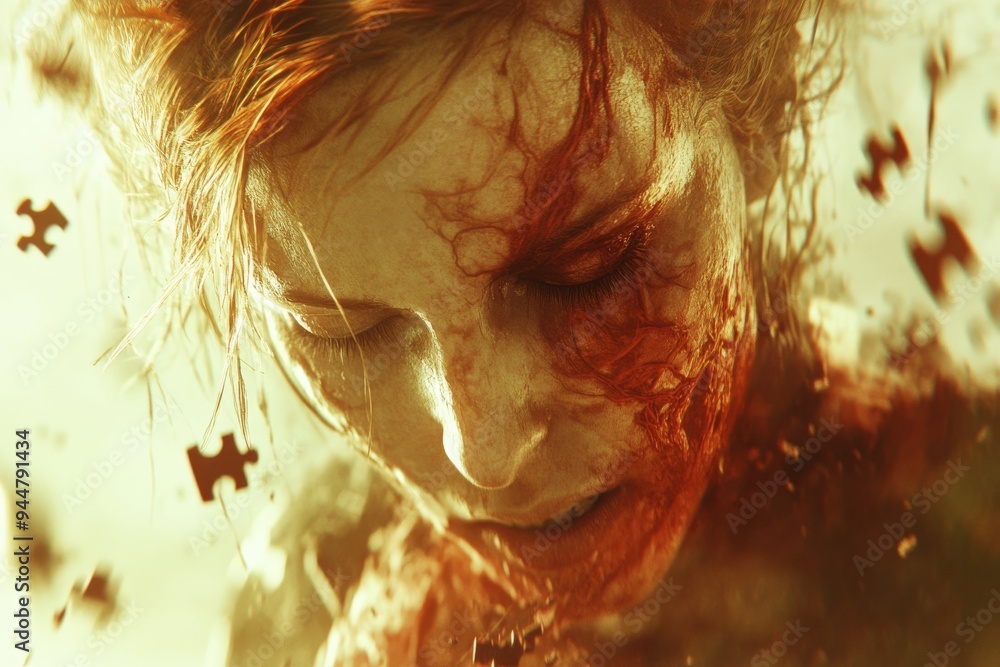 Poster a woman with her face disintegrating into puzzle pieces symbolizing the fragmentation of identity em