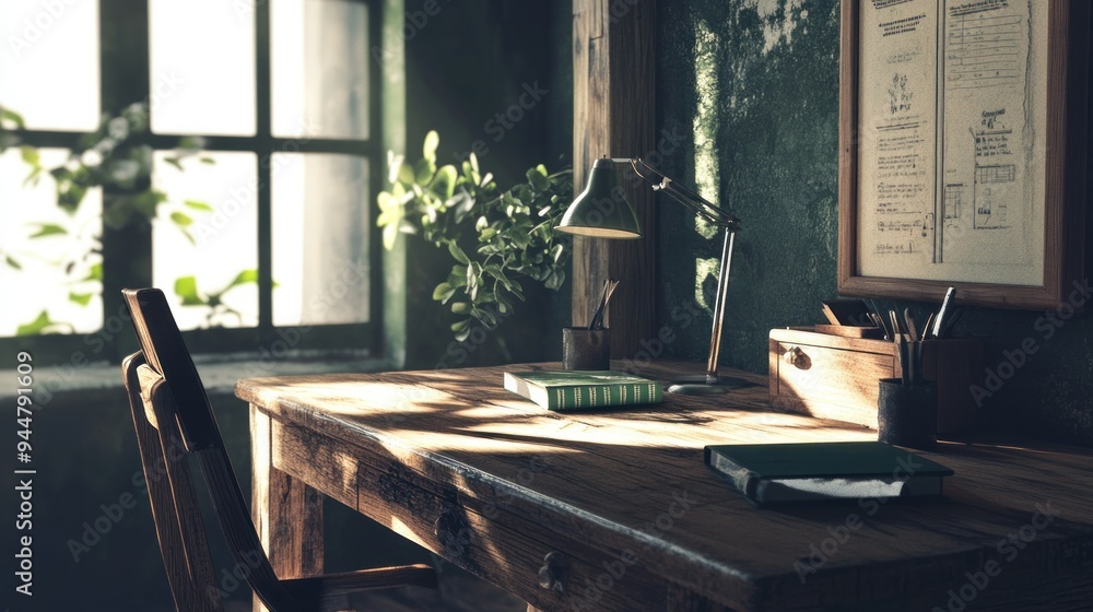 Poster A Rustic Desk with a Vintage Lamp and Books in a Sunlit Room