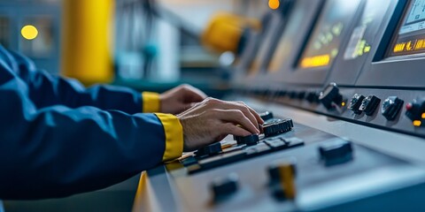 Fototapeta premium Two hands in a close-up shot adjusting controls in a renewable energy plant focused and precise movements as the technicians monitor green energy output