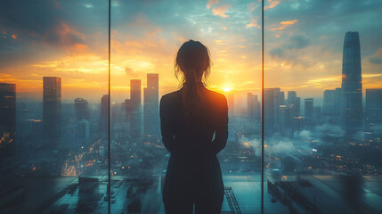 A woman in an Office Building Overlooking Cityscape with Double Exposure Effect, Symbolizing Corporate Collaboration and Teamwork Amidst a Skyscraper Backdrop in Soft Daylight