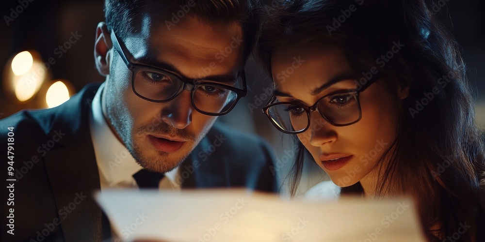 Poster two professionals in formal attire close-up shot of them reviewing a proposal together serious expre