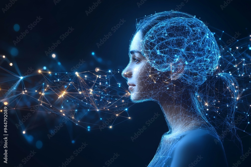 Poster a futuristic digital image of a womans head with a glowing neural network symbolizing the fusion of 
