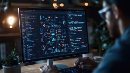 Programmer Working on Code on Computer at Night