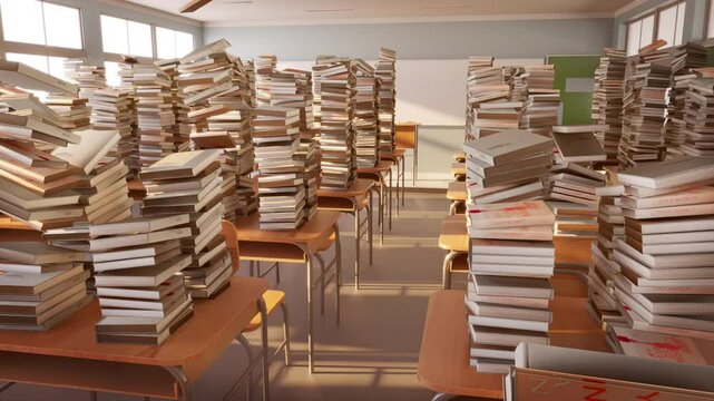 short of books stacked on table class room animation of education school classes room. learning back to school idea concept. 3D animation.	