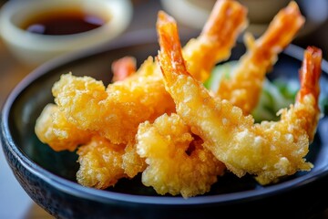 Closeup of Tempura Shrimp in a Black Bowl