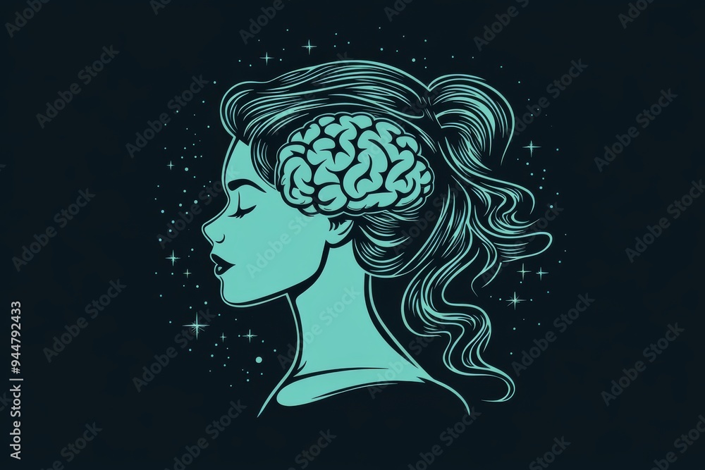 Poster a minimalist vector illustration of a womans profile with a stylized brain symbolizing the connectio