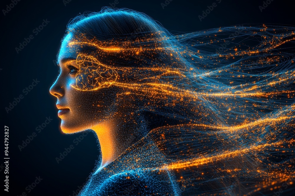 Poster a futuristic side profile of a woman with digital light trails flowing from her face symbolizing the