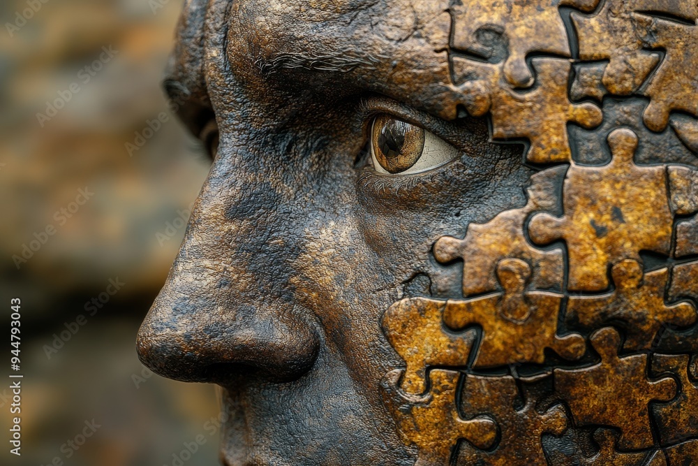 Poster a close up of a weathered face with puzzle pieces falling away symbolizing the disintegration of ide