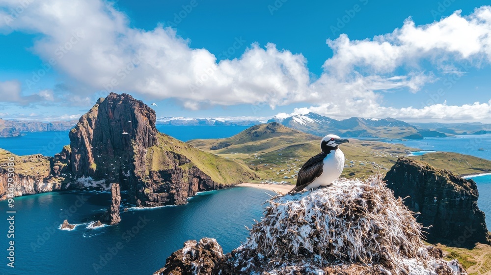 Poster Seabird Nest on Clifftop with Ocean and Mountains in the Background