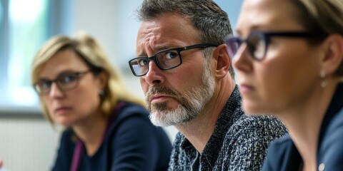 Obraz premium A close-up of three educators in a staff meeting intensely discussing policy changes their expressions showing deep thought and concern