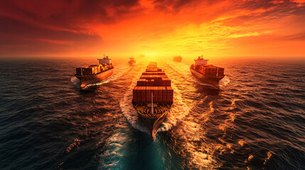 Fototapeta premium A dramatic sunset over the ocean featuring cargo ships navigating through vibrant waters, showcasing maritime transportation.