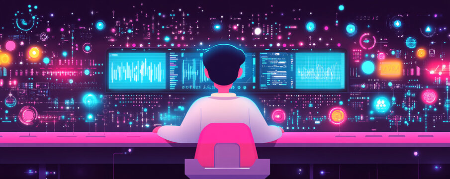 A digital artist working on futuristic technology at a vibrant workstation filled with colorful data visualizations.