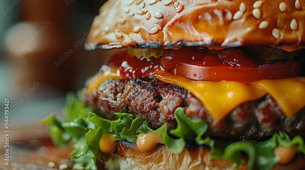 Wall mural detailed close-up of a gourmet burger with layers of cheese, lettuce, and a perfectly cooked patty