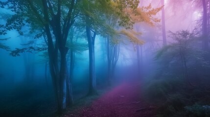 Obraz premium A mystical fog envelops a tranquil forest path during the early morning, revealing colorful foliage and towering trees in soft light