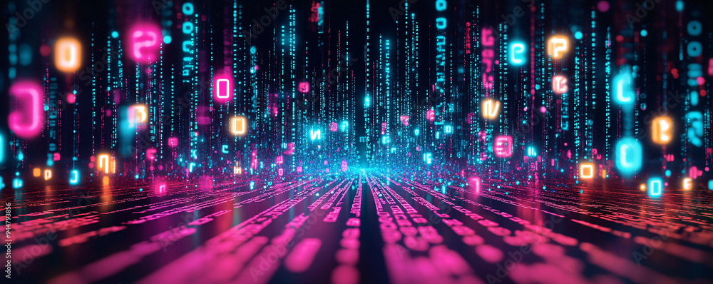 Poster a vibrant digital landscape featuring glowing binary code and colorful data streams, ideal for techn