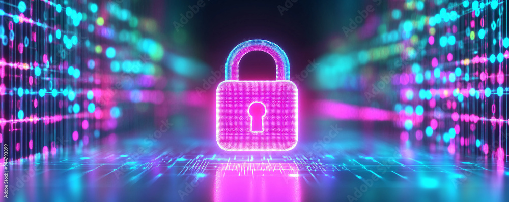 Poster a vibrant digital lock symbol surrounded by colorful data streams, representing security and protect