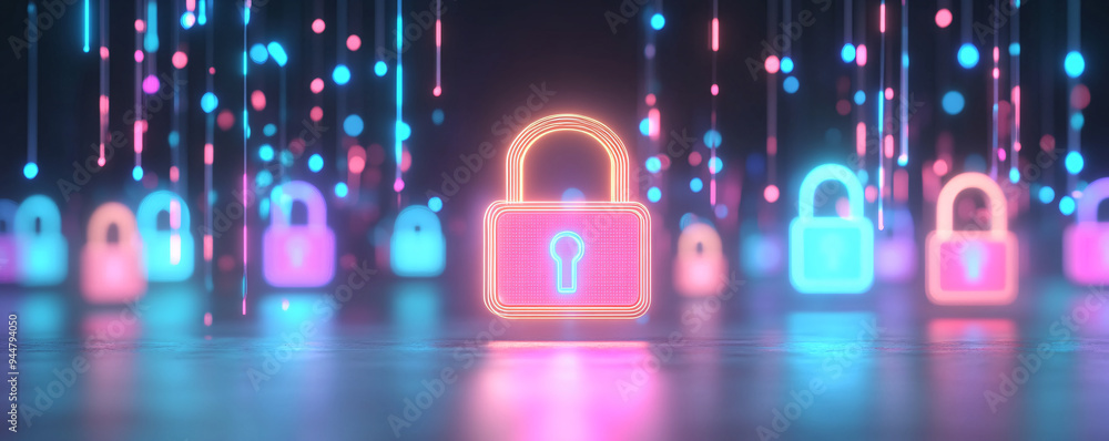 Poster a vibrant neon lock symbolizing security in a digital world with colorful lights and abstract backgr