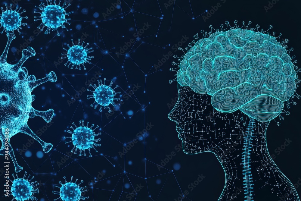 Poster digital illustration of a brain surrounded by floating viruses symbolizing the impact of pandemics o