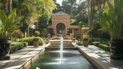 Tranquil Fountain and Stone Pathway in a Lush Garden