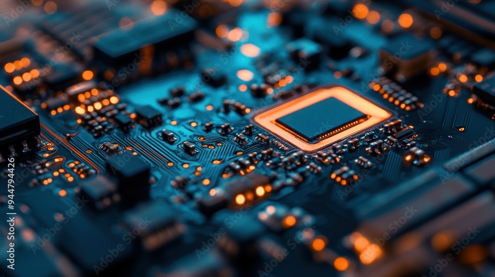 Poster Close-up of a Circuit Board with a Square Chip in the Center