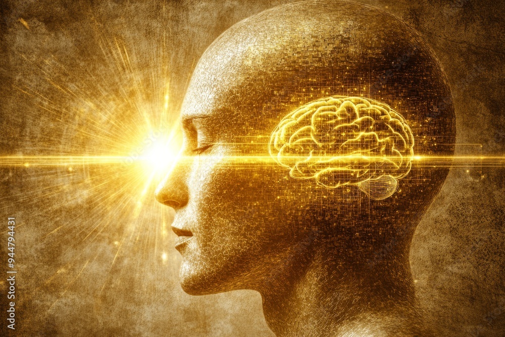 Poster a digital rendering of a human head with a glowing brain symbolizing the enlightenment of thought cr