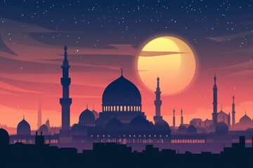 Musque Dome Night Building with Sky Moon Sunset Background Mubaruk Greeting Islam Ramadan Element Masjid Aqsa Hajj Kaaba Umrah Eid Arabian Religion Islamic Muhammad Arab Muslim Greeting with ai