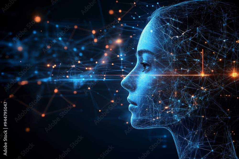 Poster a digital profile of a woman with a glowing neural network symbolizing the interconnectedness of tec