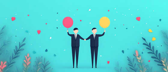 Two men in suits joyfully holding colorful balloons against a vibrant backdrop, symbolizing celebration and partnership.