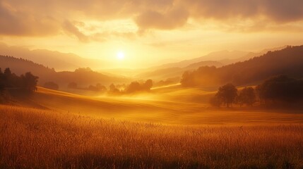 Golden Hour Sunrise over Misty Mountain Valley