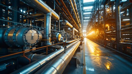 Factory setting with intricate system of exposed pipes and ducts, modern production line, and bright lighting