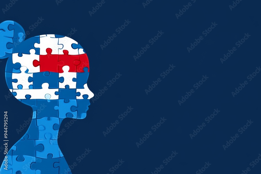 Poster a minimalist vector illustration of a head with a missing puzzle piece symbolizing the search for id