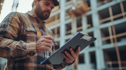 A construction project manager holding a clipboard and pen while checking off tasks on a construction site