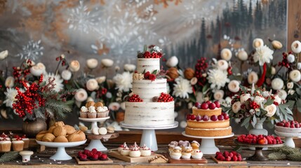 Festive holiday dessert table featuring cakes, cookies, and other treats with a seasonal backdrop