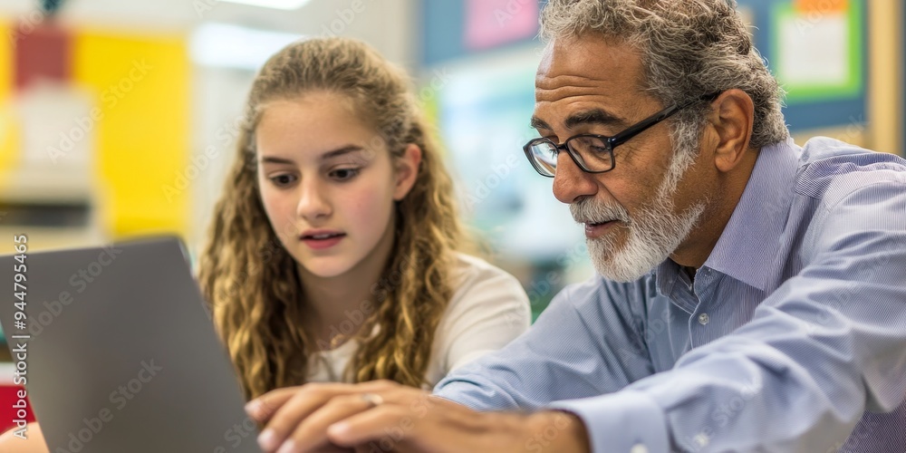 Poster two educators in a close-up shot reviewing data on a laptop in a bright school office their faces sh