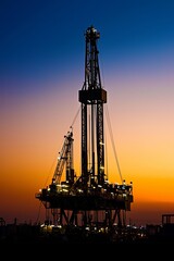 Obraz premium A drilling rig at dawn, with the first rays of sunlight just beginning to illuminate the oil field. The rig is silhouetted against the early morning sky