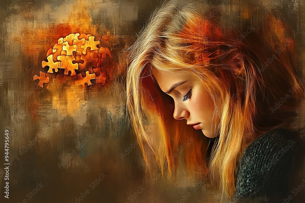 Aufkleber a portrait of a young woman with her face partially dissolving into puzzle pieces symbolizing the co
