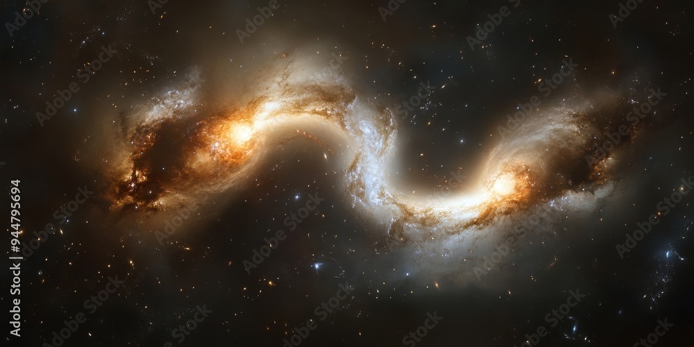 Poster a cosmic bridge between two galaxies, formed by tidal forces, with streams of stars and gas connecti