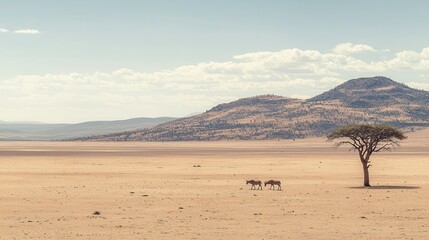 African Savanna Landscape with Oryx Antelopes and Acacia Tree