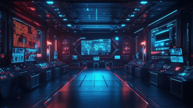 Futuristic Control Room with Neon Lights and Screens