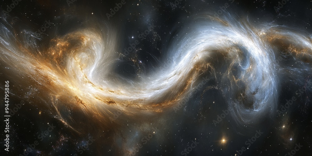 Poster a cosmic bridge between two galaxies, formed by tidal forces, with streams of stars and gas connecti