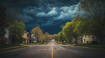 Obraz premium A small town street with ominous storm clouds, the calm before the storm creating a suspenseful mood.