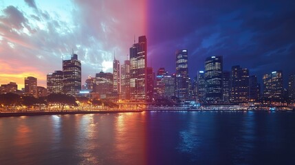 Obraz premium A stunning time-lapse cityscape showing the transition from day to night, capturing urban growth and dynamism