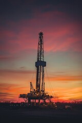 A drilling rig at sunset, with the sky painted in shades of orange and pink. The rig is active, and the surrounding oil field is bathed