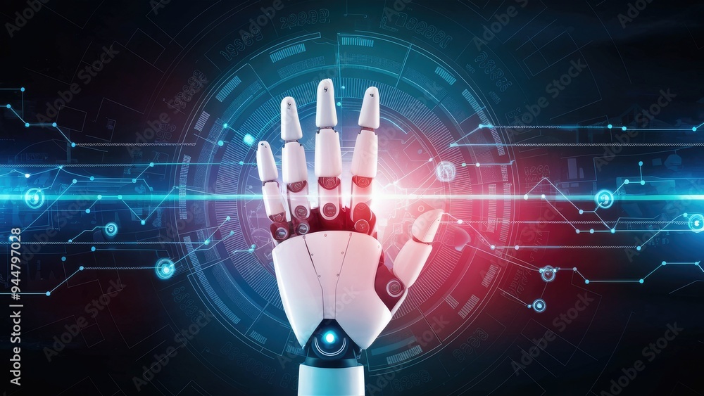 Poster futuristic robotic hand showcasing advanced ai and internet connectivity, symbolizing technological 