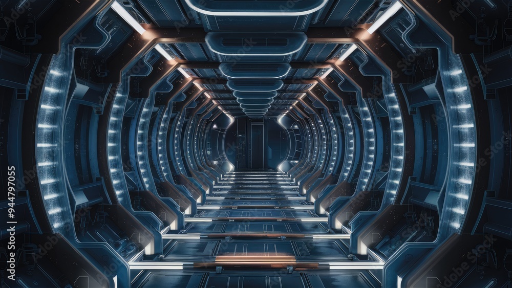 Poster futuristic spaceship interior featuring an endless corridor. 3d rendering.