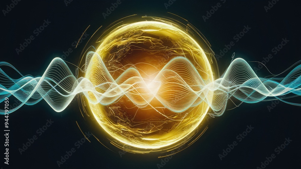 Poster futuristic yellow energy sphere featuring dynamic waves and atomic particle lines, creating an abstr