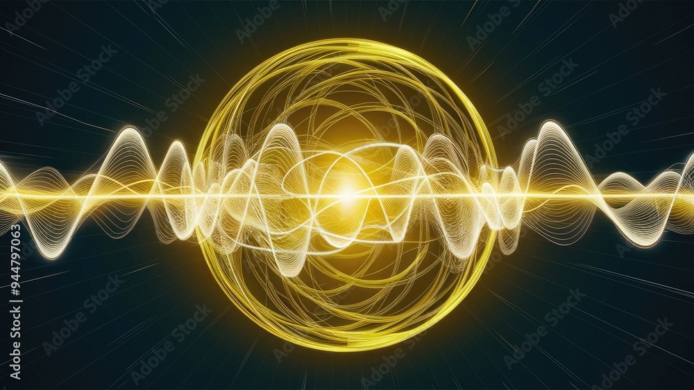Poster futuristic yellow energy sphere featuring dynamic waves and atomic particle lines, creating an abstr