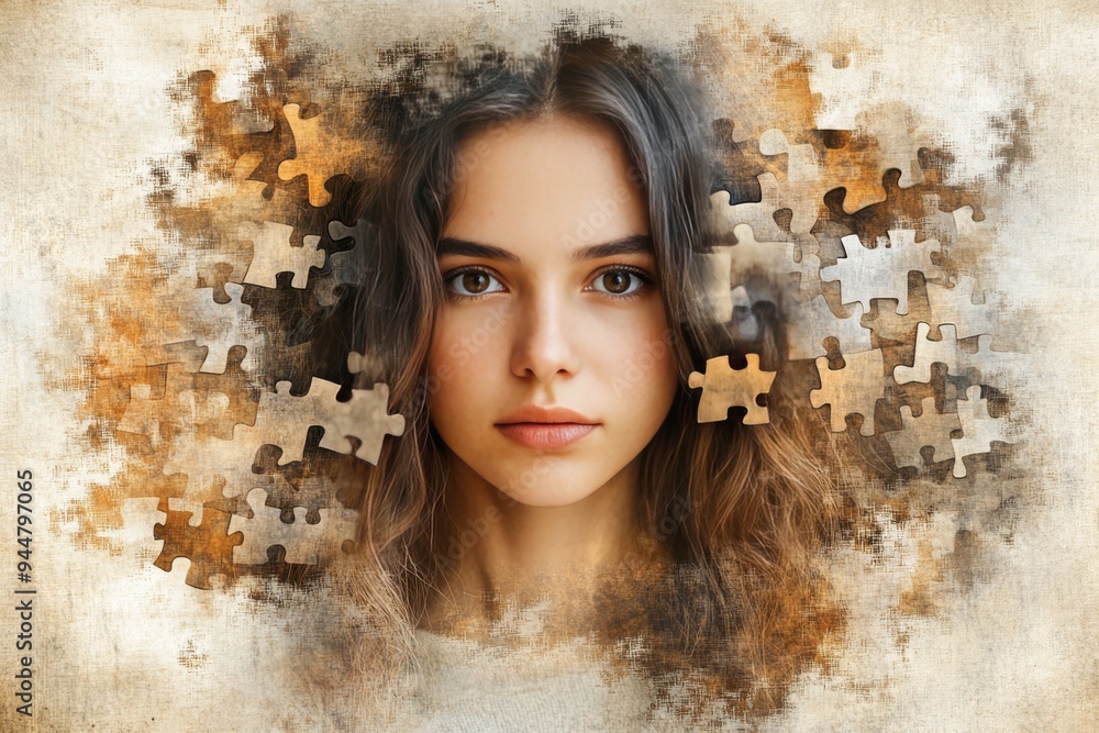 Aufkleber a portrait of a woman with her face dissolving into puzzle pieces symbolizing the fragmentation of i